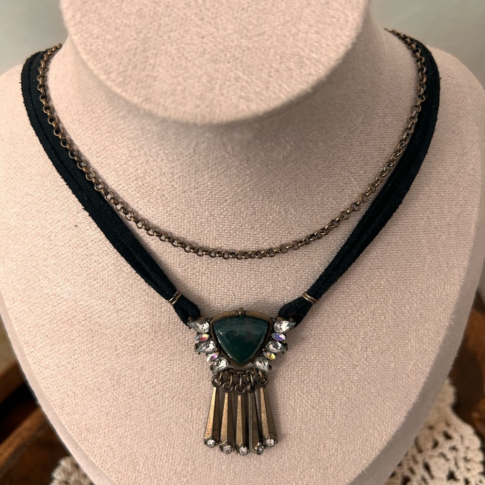 Elegant Bronze with Black Cord Green Gemstone Pendent Necklace